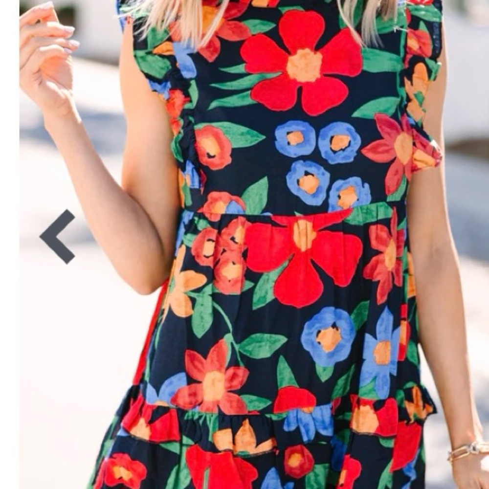 JODIFL Navy Floral Dress w/Flutter Sleeves